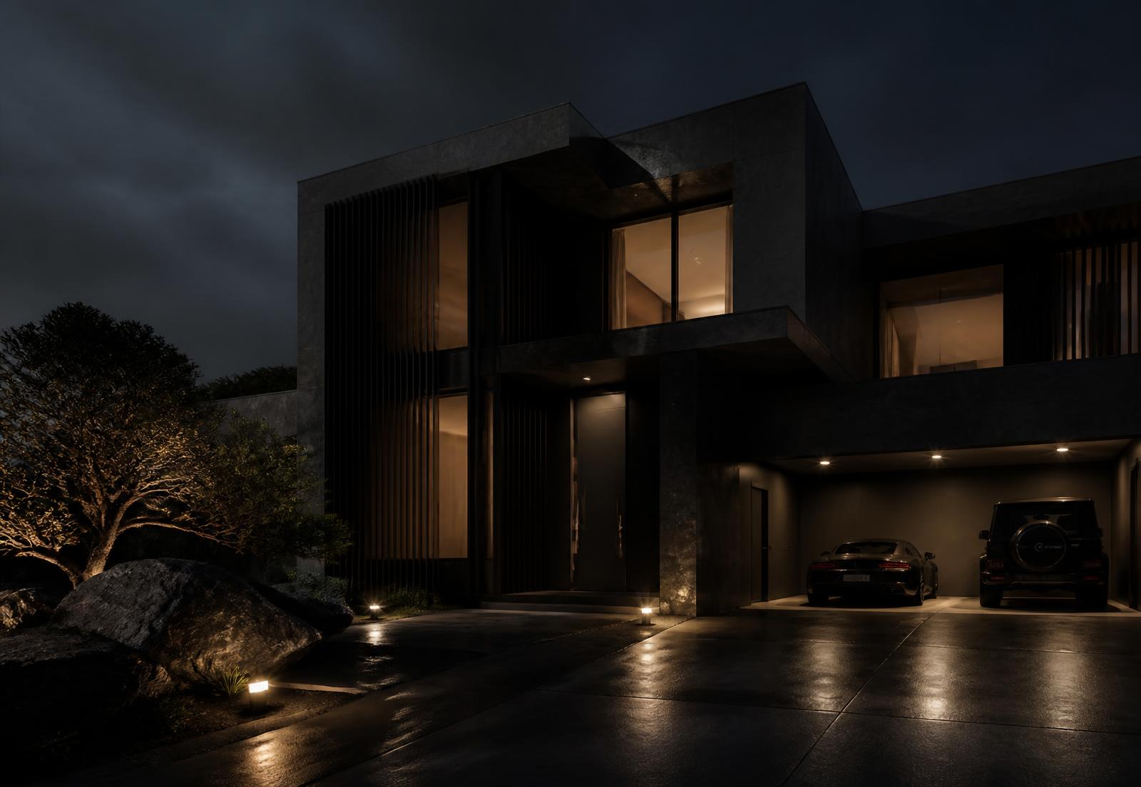 Luxury property exterior at night
